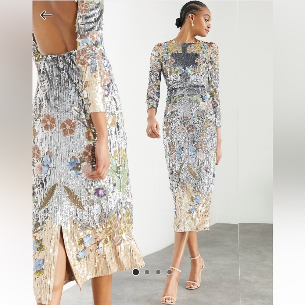 STUNNING!! Beaded ASOS sequin floral midi dress - Picture 3 of 4
